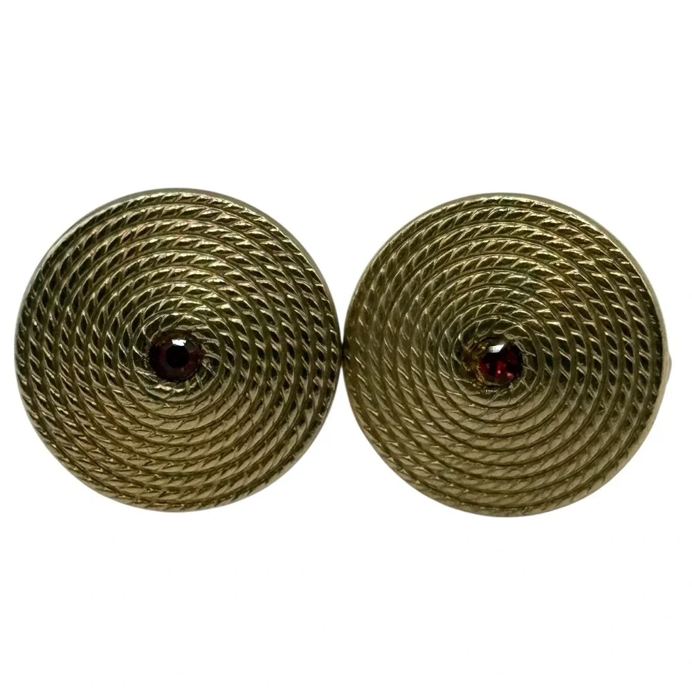Rope Coil Swirl Cufflinks Red‎ Rhinestone Gold Tone Vintage Men's Round Formal